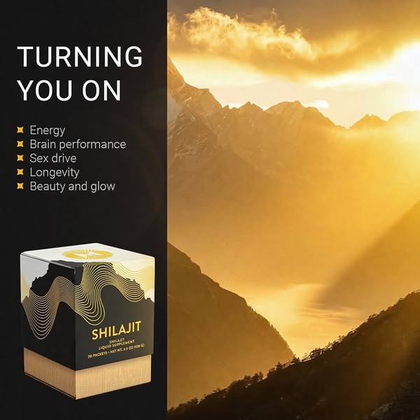 A split-layout ad creative featuring a premium Shilajit product pack next to a majestic, sun-drenched mountain range.